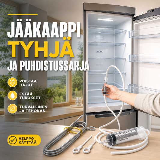 Jääkaappi tyhjä ja puhdistussarja