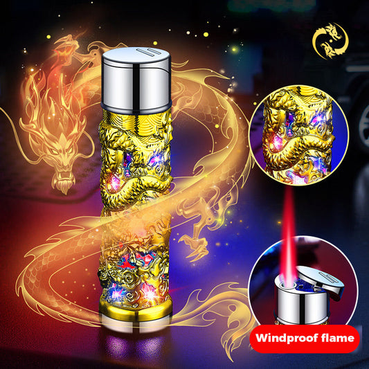 Dragon Engraved Windproof Lighter with Cool LED Lights